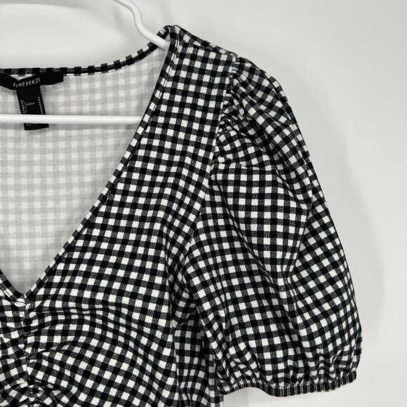 Forever 21 Dress Black White Gingham Ruched Mini Short Sleeve VNeck - Picture 6 of 12